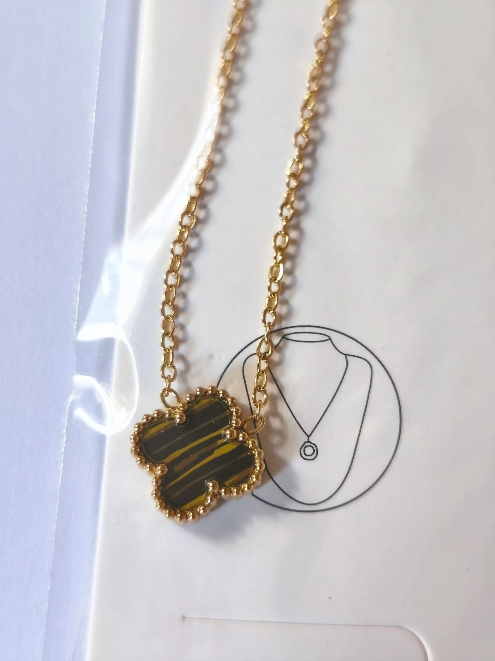 Conjunto de gargantila pulseira e brincos de trevo com corrente dourada de aço olho de tigre – photo 7